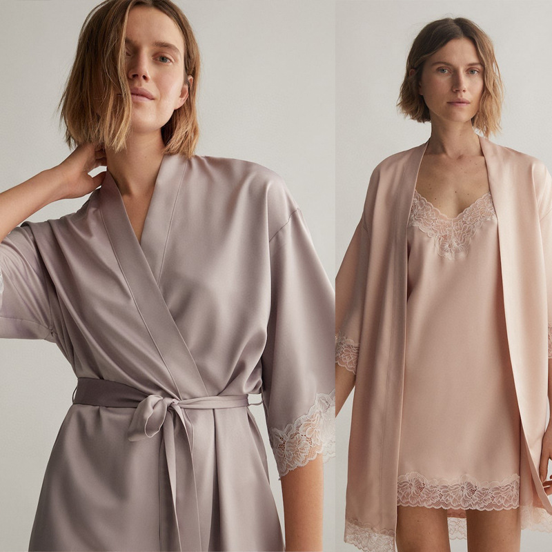CHINEE Sleepwear Women's Satin Nightgown with Robes Set 2 Piece Sexy Lace Cami Nightwear