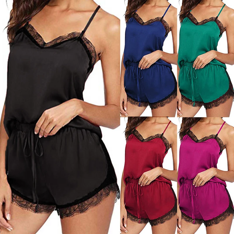 CHINEE Sleeveless Strap Lace Trim Satin Cami Top Nightwear Sexy Summer Home Wear Women Sleepwear Pyjama Sets