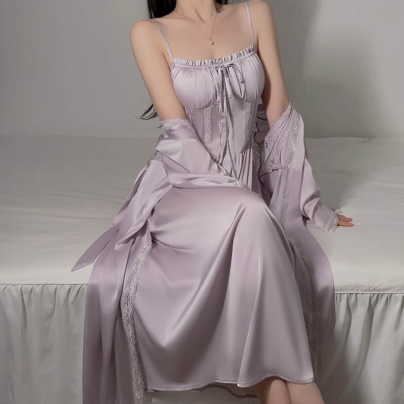 CHINEE Small Size Pure Satin Sheer Lace Robe Deep V Slip Silk Sexy Pajamas Nightgown Sleepwear Nightdress for Women Set