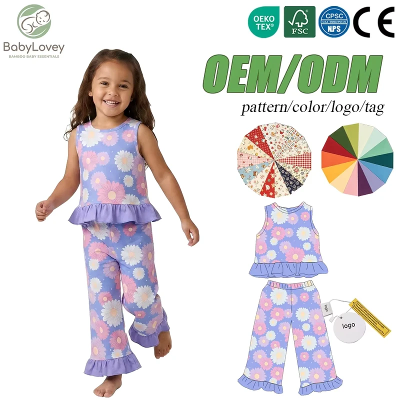 CHINEE Soft Bamboo Kids Sleepwear Set Custom Daisy Floral Ruffle Peplum Girls Pajamas Toddler Loungewear Summer Baby Pjs Sets