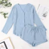 CHINEE Soft Breathable Women's Double Crepe Gauze Loungewear Set V Neck Long Sleeve Top with Drawstring Shorts Cozy Home Pajamas Set