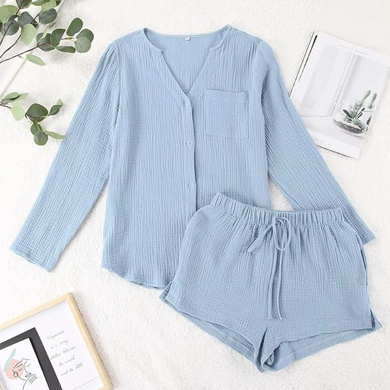 CHINEE Soft Breathable Women's Double Crepe Gauze Loungewear Set V Neck Long Sleeve Top with Drawstring Shorts Cozy Home Pajamas Set