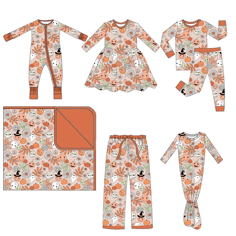 CHINEE Soft Cozy Halloween Pumpkin Toddler Kids Bamboo Two Pieces Set Lounge Sleepwear Long Sleeve Bamboo Pajamas Set for Baby