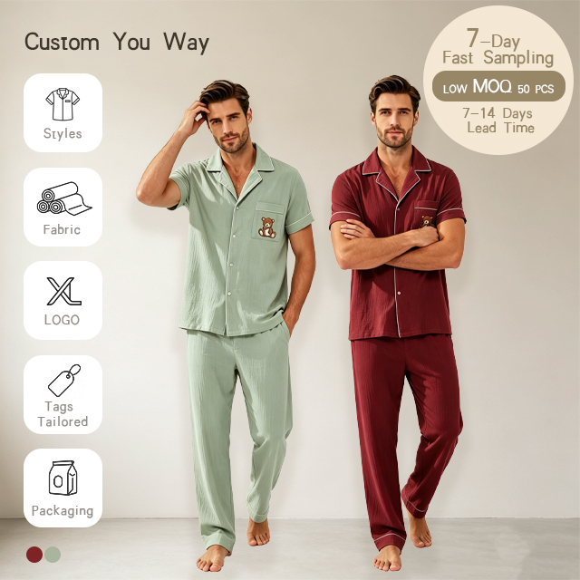 CHINEE Soft Cute Men's Polyester Short Sleeve Two Piece Bear Design Casual Home Pajamas Set