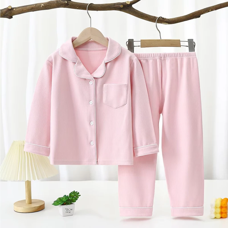 CHINEE Soft Kids Lapel Loungewear Set Long Sleeve Sleepwear Baby Boys Girls Pajamas