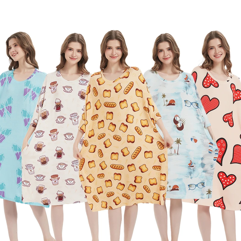 CHINEE Soft Nightgown Short Sleeve Nightshirts Printing Tee Sleep Dress Oversized T Shirt for Women with Pockets