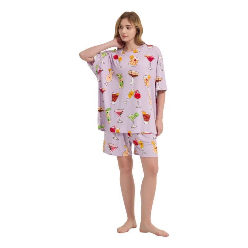 CHINEE Soft Pajama Set with Pant for Women Printed Monday Sleeping Club Tee Nightdress Plus Size Short Sleeve Oversized Sleep Tee