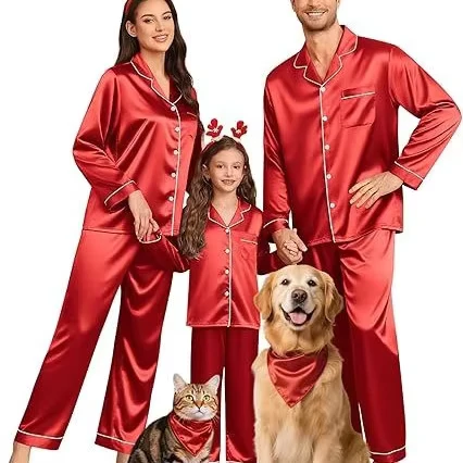 CHINEE Soft Silk Satin Matching Family Pajamas Sets Luxury Button Down Pjs Long Sleeve Sleepwear for Parent child Home Wear Loungewear