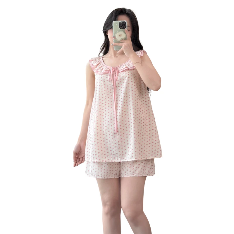CHINEE Soft Silk Sleeveless Tank Top with Rose Pattern Shorts Set Maternity Clothing for Pregnant Women B825