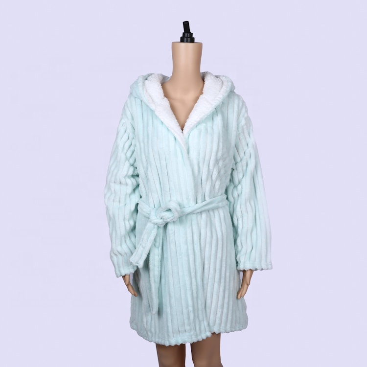 CHINEE Soft Solid Ribbed Fleece Plush Knee Length Robe Hooded Adult Woman Winter Bathrobe