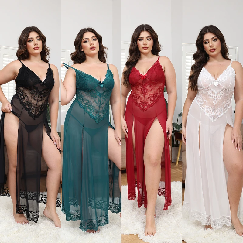 CHINEE Solid Color Plus Size Mesh Perspective Split Long Slip Dress Women's Lace Nightgown Home Clothes Sexy Nightdress