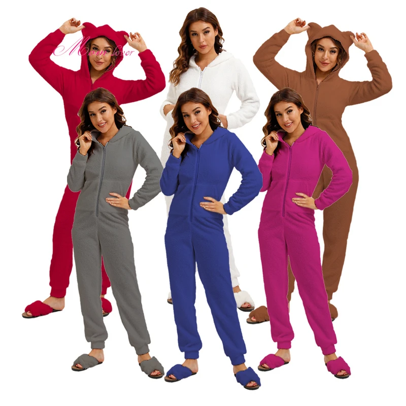 CHINEE Solid Color Sherpa Cute Hooded Romper Lounge Furry Onesie Plus Size Pajamas Womens Teddy Onesie Fuzzy Bear Onesie for Adults