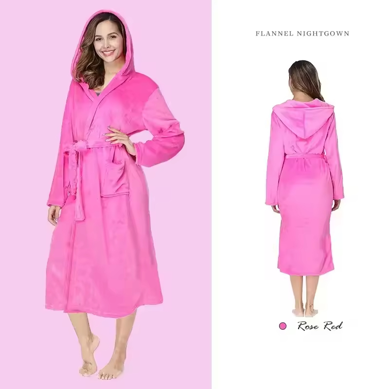 CHINEE Solid Color Winter Loungewear Hooded Woven Flannel Fleece Robe Custom Logo Women Thickened Long Sleeve Pajamas