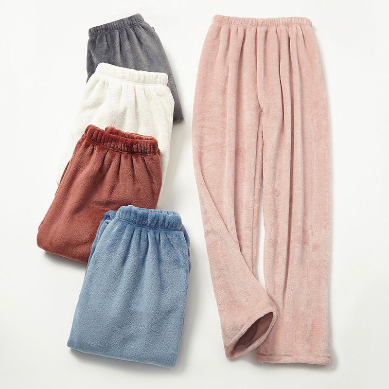 CHINEE Solid Color Women Coral Fleece Home Warm Pants Winter Lazy Pants Straight Casual Pants Women's Outer Wear Pajamas Lounge Wear