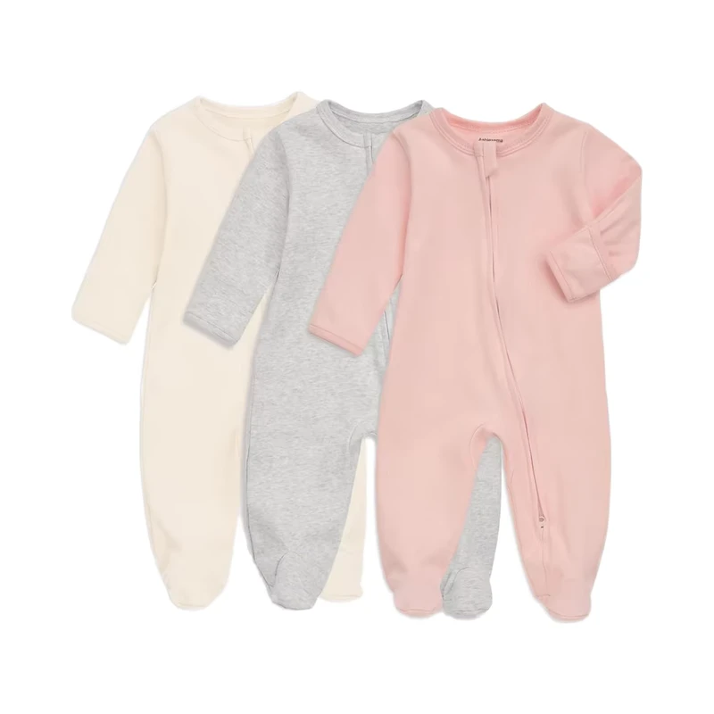 CHINEE Solid Knitted Cotton Infant Clothing Baby Footie Pajama with Mitten Cuffs Double Zipper Sleeper PJs for Autumn Winter Play Sleep