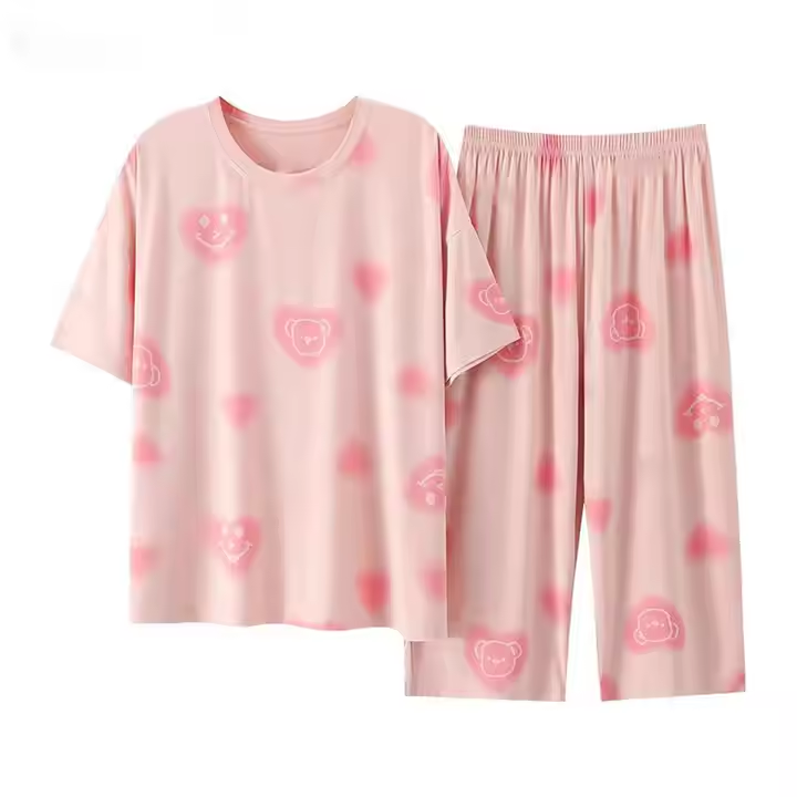 CHINEE Solid Pattern Winter Knitted Women's Pajamas Casual Wear Drawstring Breathable Short Sleeves Tight High Waist Pants