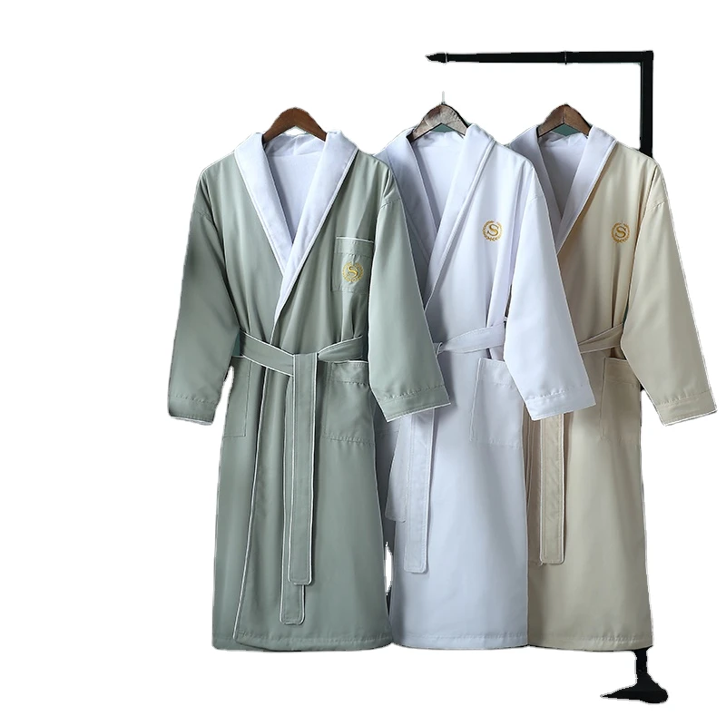 CHINEE Solid colored Polyester cotton Men's Pajamas Double layered Bathrobe High Quality Outer Twill Satin Inner Soft Crystal Velvet