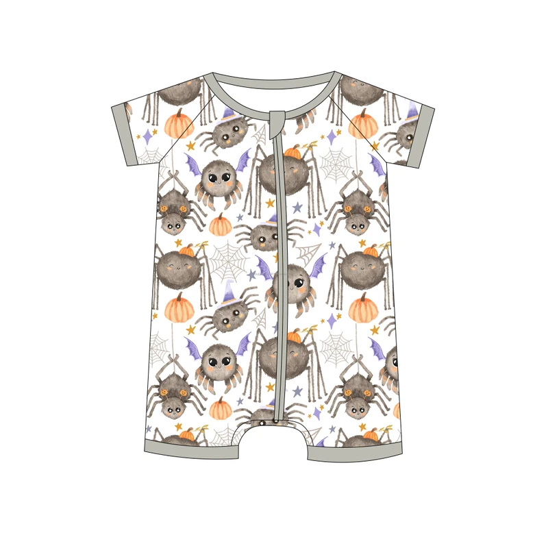 CHINEE Spider Print Infant Bamboo Shorties with Double Zippers Custom Size and Logo Cool Style Romper Baby Toddler Halloween Pajamas