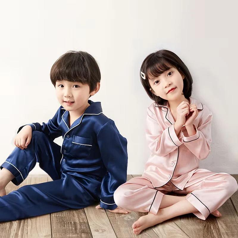CHINEE Spring Autumn Blue Plain Baby Silk Pajamas Silk Satin Pyjamas Boys Girls Sleepwear Long Sleeves Tops Long Pants 2pcs Set Kids