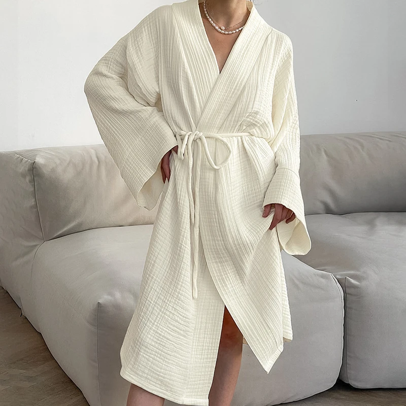 CHINEE Spring Autumn Loose Cotton White Lace up V Neck Cardigan Women's Knee Length Nightgown Sleeping Gown