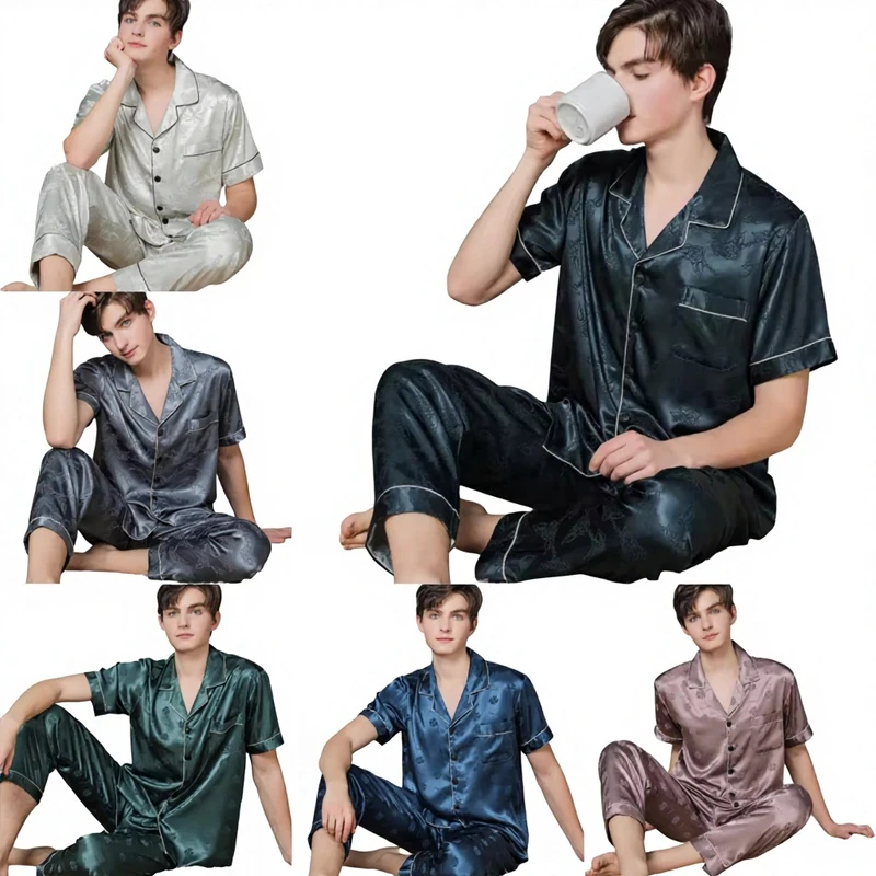 CHINEE Spring Autumn Men's Satin Smooth Breathable Comfortable Casual Knitted Long Sleeve Top Pants Pajama Set Home Wear