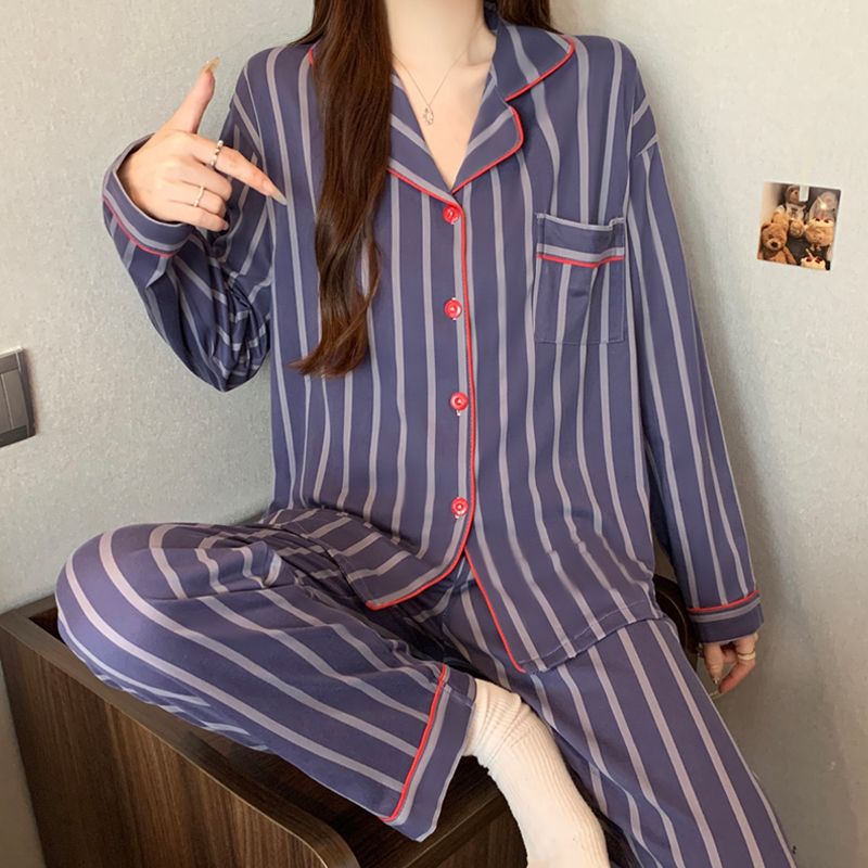 CHINEE Spring Autumn Women's Long Sleeved Knitted Pajama Set with Elastic Waistband Stripes Soft Comfortable for Casual Home Wear