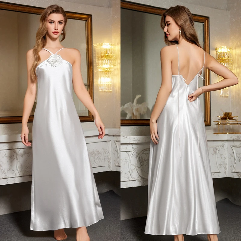 CHINEE Spring Elegant Satin Neck Buckle Strap Long Ankle Length Sexy Backless Women's Nightgown