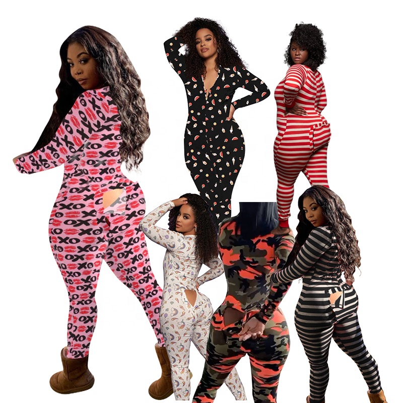 CHINEE Spring Long Sleeve Nightwear Printed Onesie Adult Pajamas Women Onesie With Butt Flap