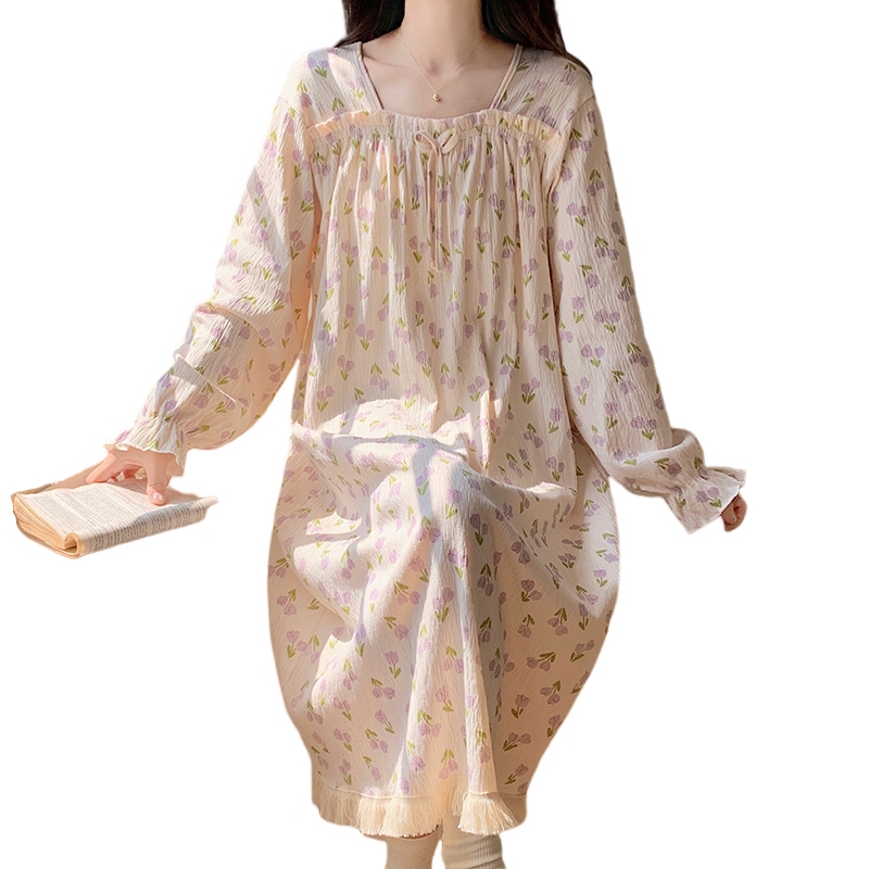 CHINEE Spring Long sleeved square Collar Fringe Women's Nightdress Printing Home comfort Wear Smocked Pyjamas Manufacturers