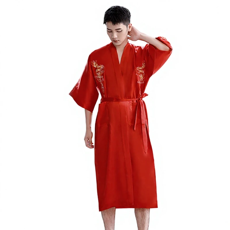 CHINEE Spring New Men's Pajamas Bath Robe Chinese Style Animal Pattern Satin Loose Comfortable Hotel Factory