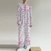 CHINEE Spring Soft Breathable Long Sleeve Ruffle Neck Pleated Bow Loose Pullover Top Pants Printed Trim Comfortable Pajamas Women