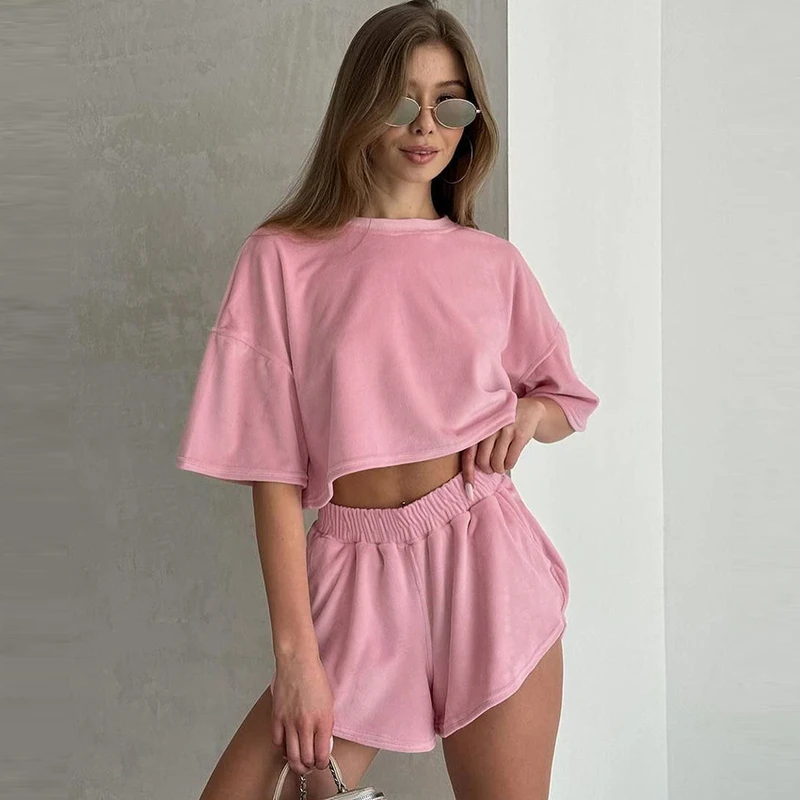 CHINEE Spring Solid Velvet Breathable Comfortable Short sleeved Women's Pajama Shorts Home Wear
