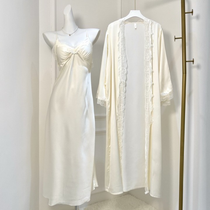 CHINEE Spring Summer Ice Silk V Neck Cross Back Strap Long Dress Two Piece Nightgown Sexy Chest Pad 141 160gsm