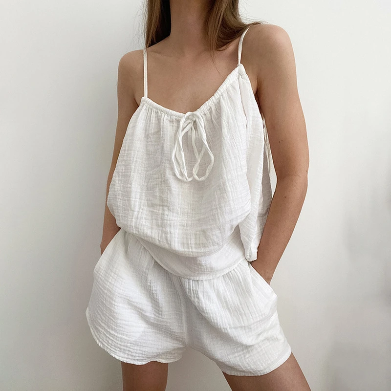 CHINEE Spring Summer Women's European American Sexy Halter Neck Cotton Camisole Pajamas Sleeveless Double Layer Gauze Shorts Set