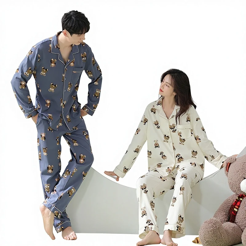 CHINEE Spring and Autumn Couple Pajamas Pure Cotton Long Sleeved Men's Pajama Sets Adults Sleepwear Nightwear