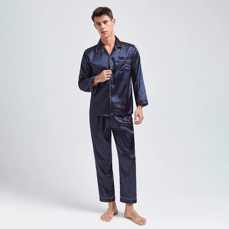 CHINEE Spring and Summer Men's Breathable Printed Polyester Spandex Soft Pajamas Long Sleeved Plus Size Home Clothes Set