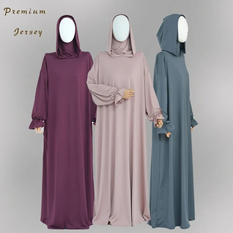 CHINEE Stretchy Jersey Hooded Abaya Robe with Elastic Ruffle Cuff Modest Muslim Women Islamic Clothing Closed Prayer Abaya