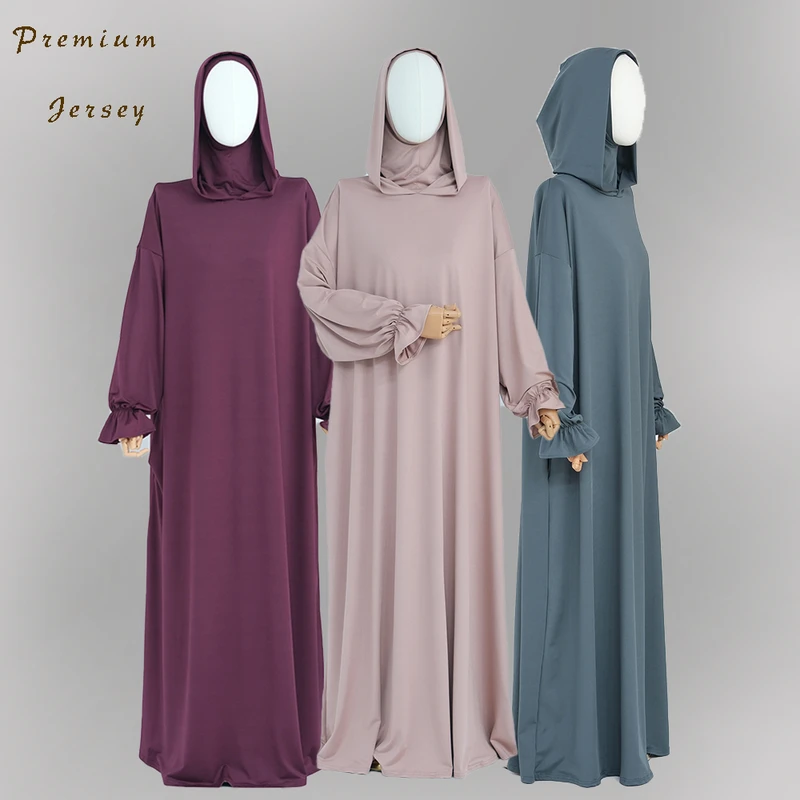 CHINEE Stretchy Jersey Hooded Abaya Robe with Elastic Ruffle Cuff Modest Muslim Women Islamic Clothing Closed Prayer Abaya