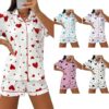 CHINEE Striped Cardigan Lapel Buttons Women's Short Sleeve Shorts Loungewear Two Piece Set