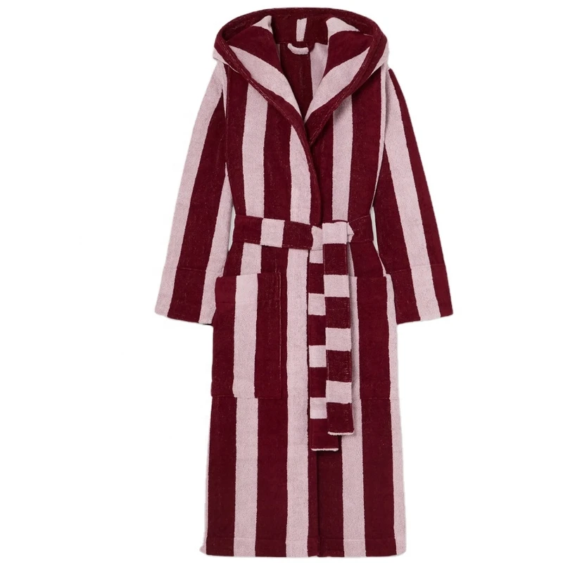 CHINEE Striped Cotton BathRobe Custom Luxury 100% Cotton Hooded Hotel Bath Robe Unisex BathRobe