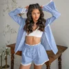 CHINEE Striped Printed Breathable Polyester Lace trimmed Long sleeve Shorts Pajama Set Women Loungewear