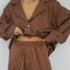 CHINEE Striped Silk Viscose Pajama Set Brown Women's Loungewear Incredibly Delicate Breathable Wear resistant Women's Pajamas S XXL