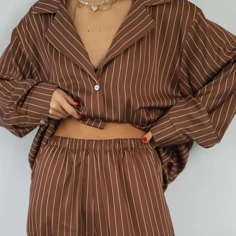 CHINEE Striped Silk Viscose Pajama Set Brown Women's Loungewear Incredibly Delicate Breathable Wear resistant Women's Pajamas S XXL