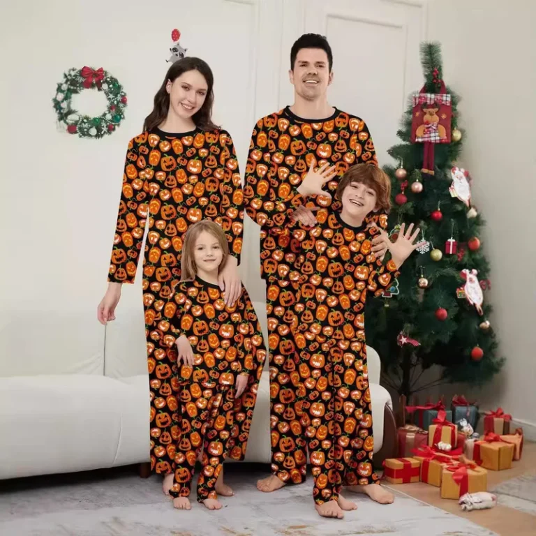 CHINEE-Sublimation-Halloween-Family-Matching-Pajamas-Pumpkin-Design-Long-Sleeve-Elastic-Waist-Front-Logo-Winter-Soft-Breathable