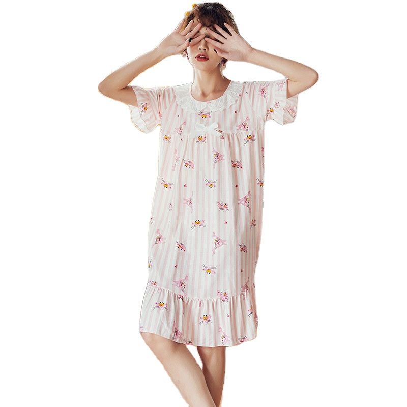 CHINEE Summer 100% Cotton Girl Summer Nightdress Short Sleeve Large size Loose Pregnant Women Thin Home Clothes in the Long Home Dress