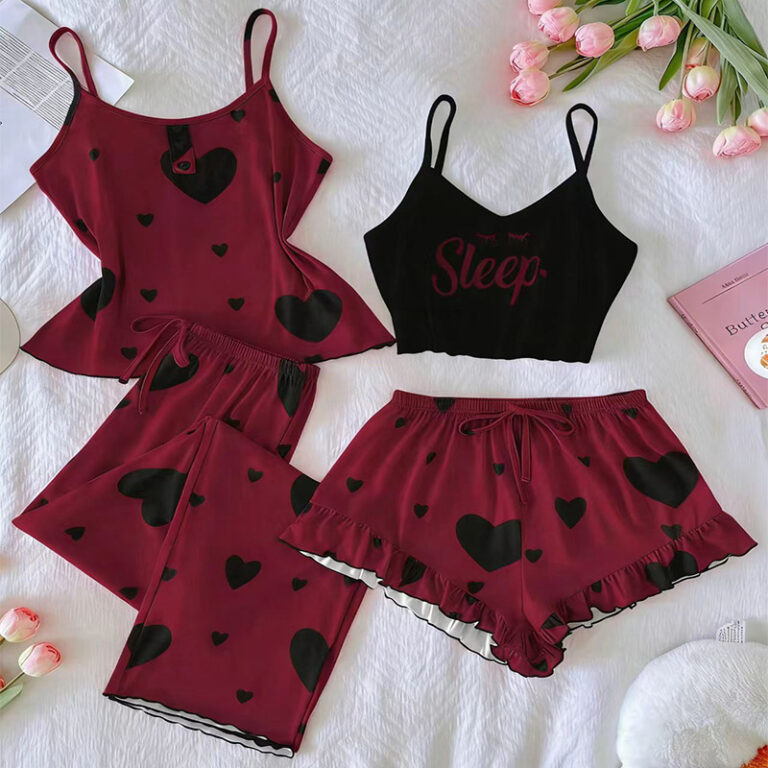 CHINEE-Summer-4-Piece-Womens-Milk-Silk-Pajama-Set-Camisole-Top-Shorts-Thin-Loungewear-Sleepwear