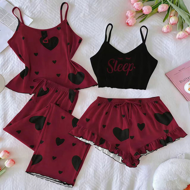 CHINEE Summer 4 Piece Women's Milk Silk Pajama Set Camisole Top Shorts Thin Loungewear Sleepwear