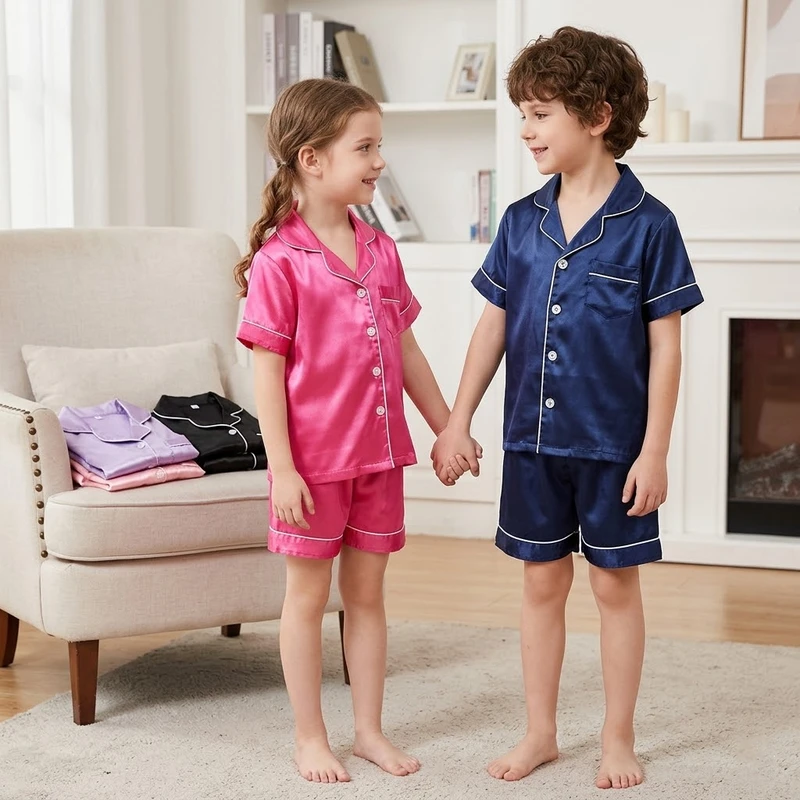 CHINEE Summer Buttons Down Toddler Boy Girl Pyjamas Set Summer Short Sleeve Kids Girls Silk Pajamas