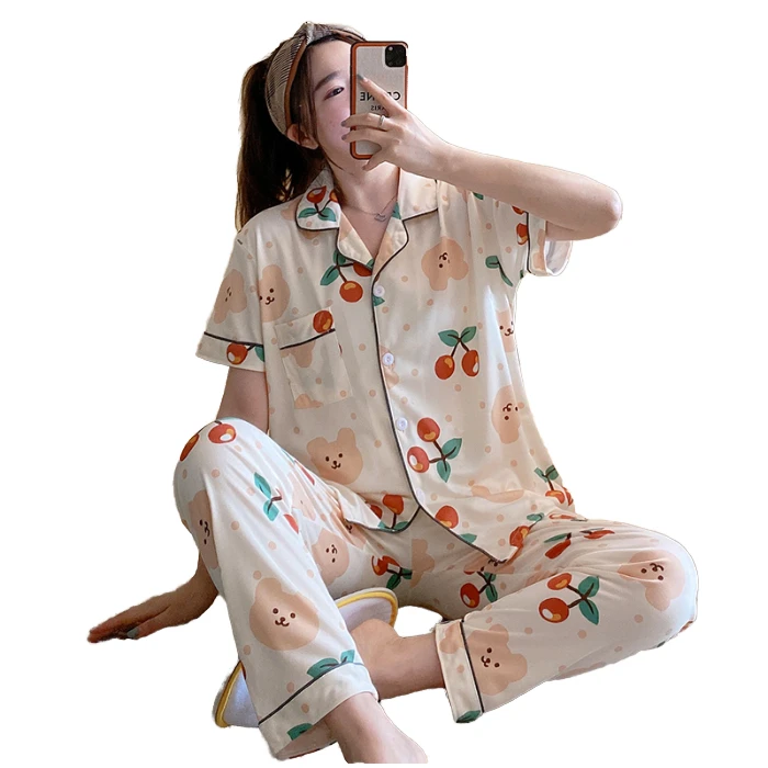 CHINEE Summer Casual Cartoon 2 Piece Women's Pajama Top Cute Home Wear Loose Fit Short and Long Sleeve Breathable Soft