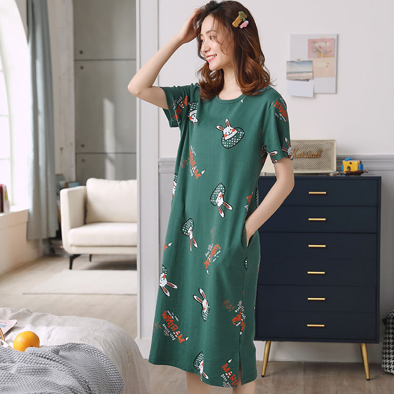 CHINEE Summer Casual Pyjama Cartoon Milk Silk Nightgowns Pajama One Piece Sleepwear Short Sleeve Women's Nightdress
